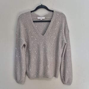 LOFT Women's Sparkling Beige V-Neck Sweater